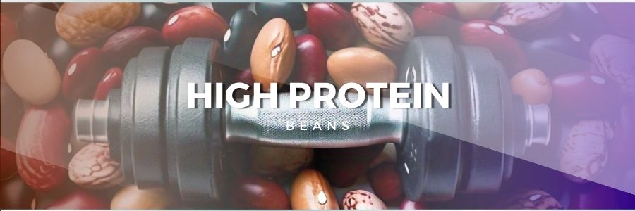A close-up of beans in the center with a small dumbbell or protein bar placed above them, highlighting the high protein content in the central area.