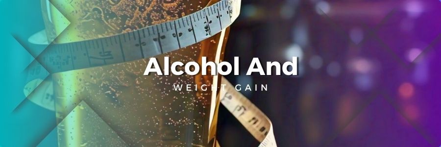 A glass of beer or wine with a scale or a tape measure around it, symbolizing the link between alcohol consumption and weight gain.