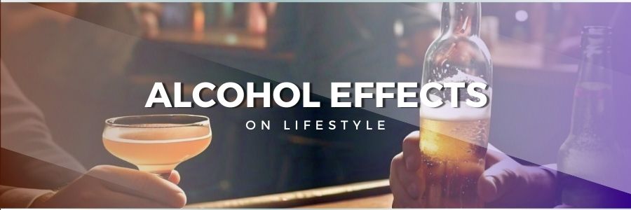 A social setting with people holding drinks, but with contrasting images like an empty wallet or broken clock, highlighting the impact on lifestyle.