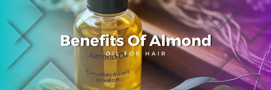 A bottle of almond oil with a wooden comb and strands of glossy hair, showcasing the nourishing benefits of almond oil for hair.