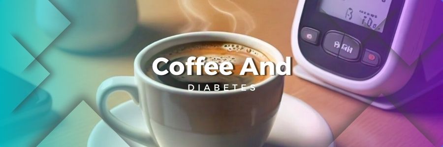A cup of coffee with sugar cubes and a glucose meter beside it, highlighting the relationship between coffee and blood sugar levels.