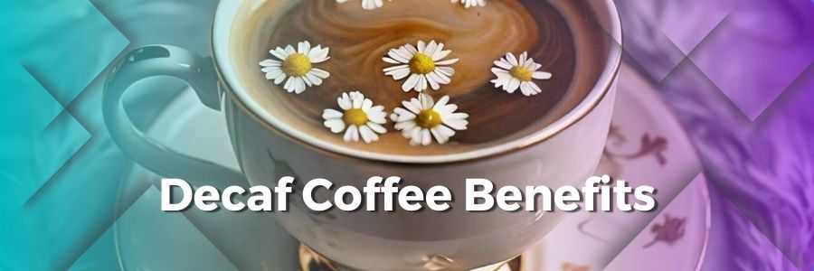A cup of decaf coffee with a calm, relaxing background, possibly with herbal elements like chamomile flowers, symbolizing its soothing benefits.