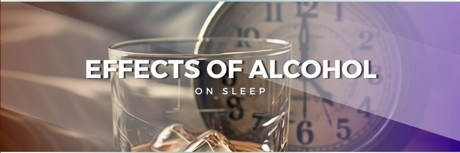 A glass of alcohol on a nightstand next to an alarm clock showing 3:00 AM, with a blurred or shadowy bed in the background, illustrating disrupted sleep.