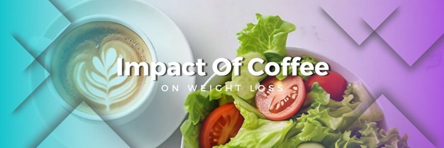 A cup of coffee next to a measuring tape, a scale, and a fresh salad, symbolizing its role in weight management.
